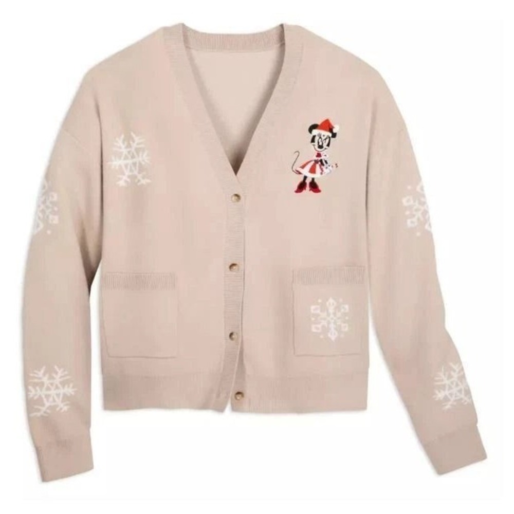 Disney Parks Women's Minnie Mouse Holiday Sweater Cardigan - Tan - Small